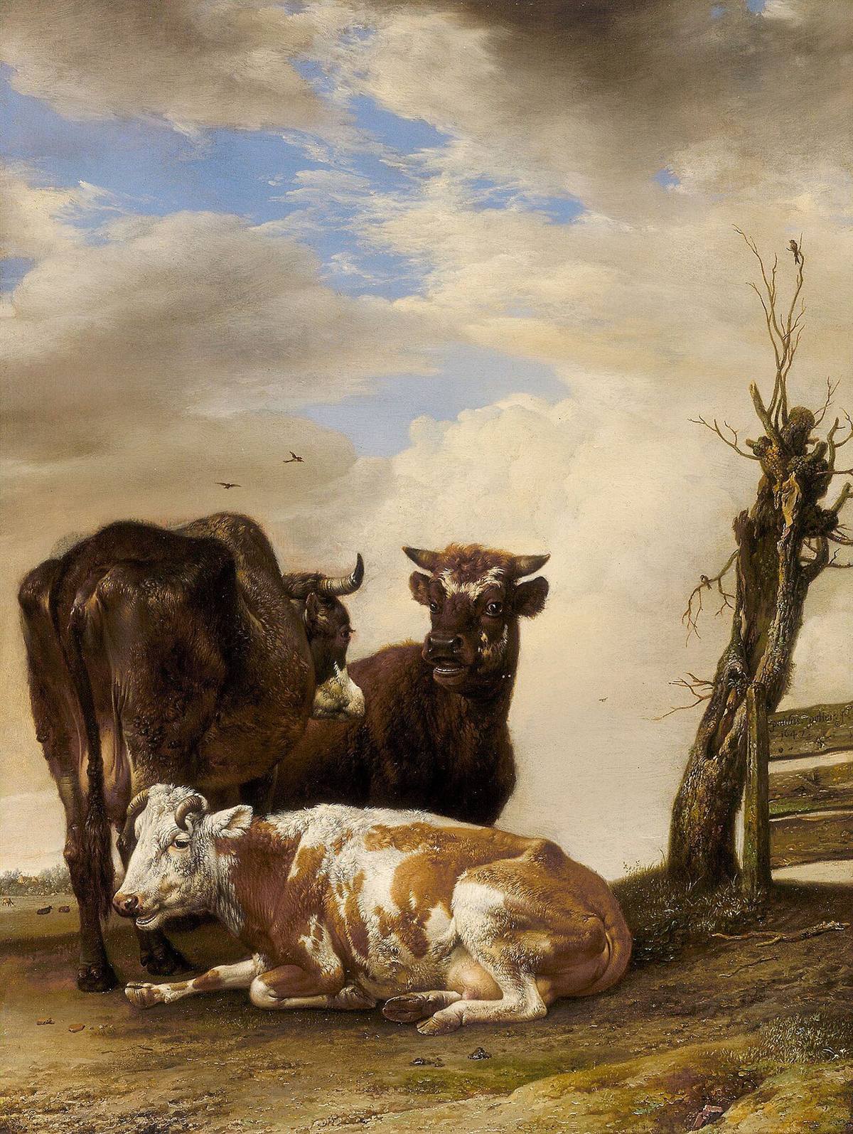 Two Cows and a Young Bull beside a Fence in a Meadow by Paulus Potter